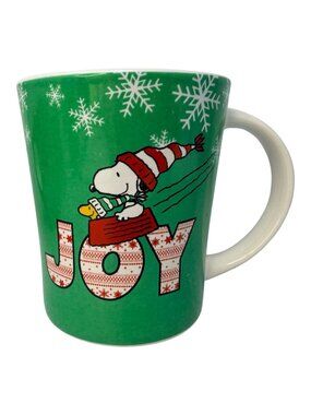 Peanuts Snoopy JOY Christmas Mug Holiday Green Coffee Cup Gibson 2000s